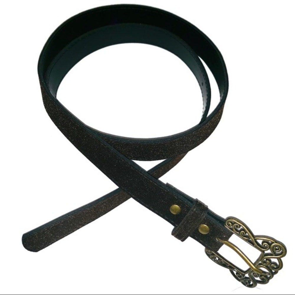 Brown velveteen 37” belt w decorative brass buckle